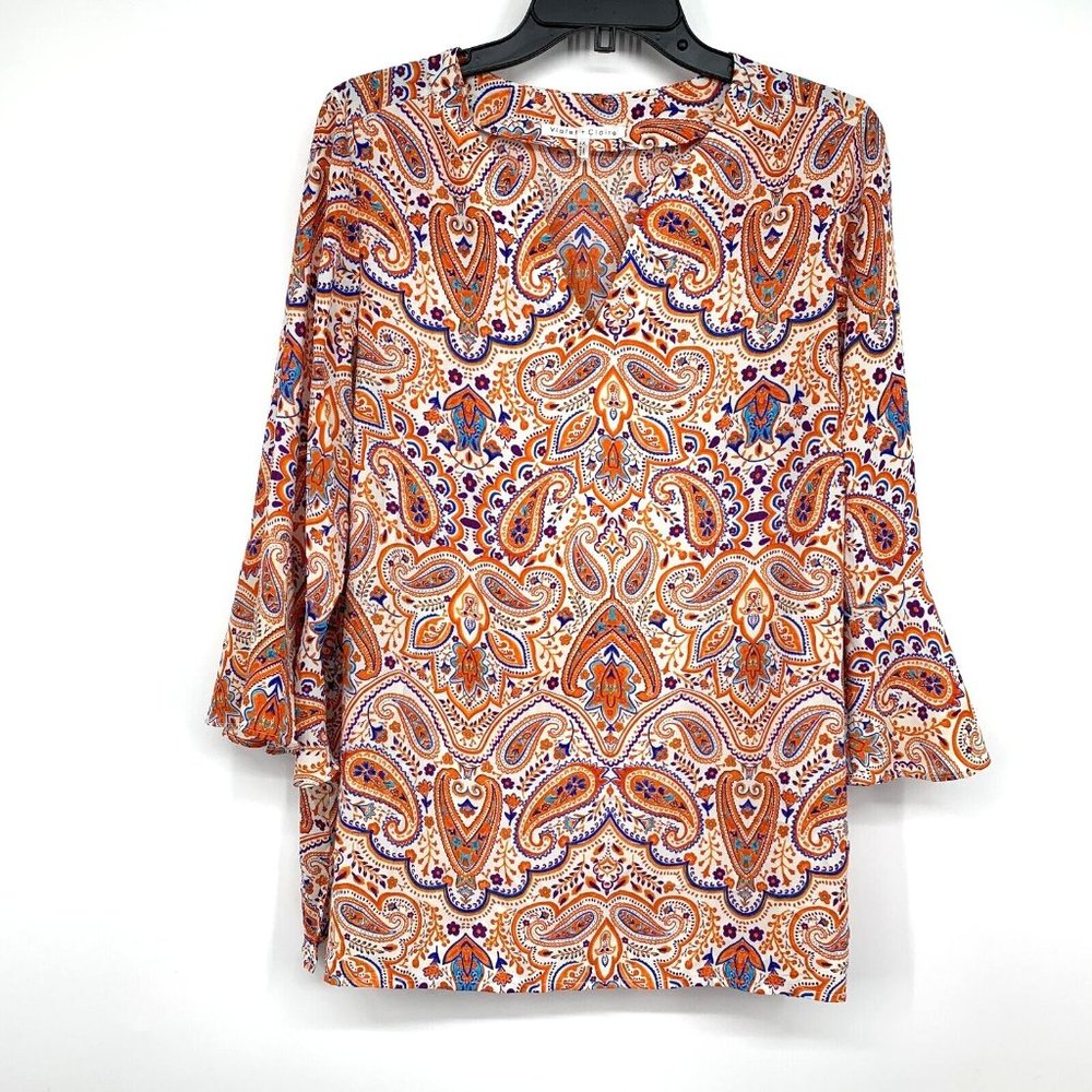 Violet & Claire Top Paisley Print Bell Sleeve Orange V Neck